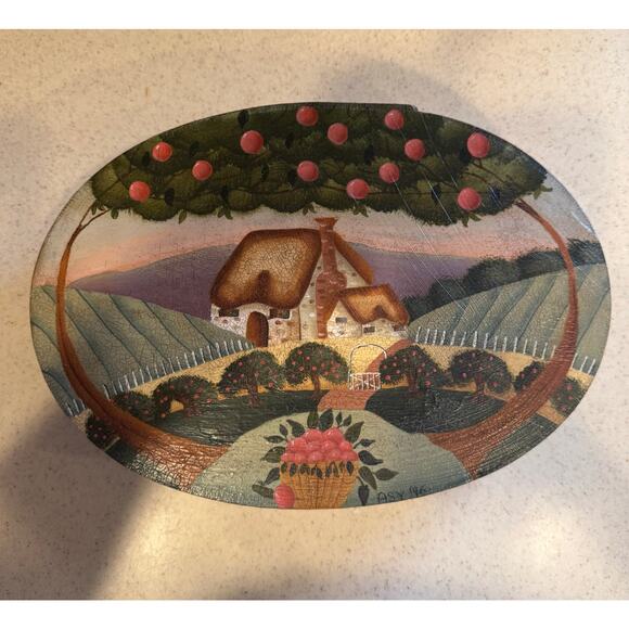 Cheese box with pattern Apple Tree Cottage by Betty Caithness painted 1996 - Picture 1 of 9